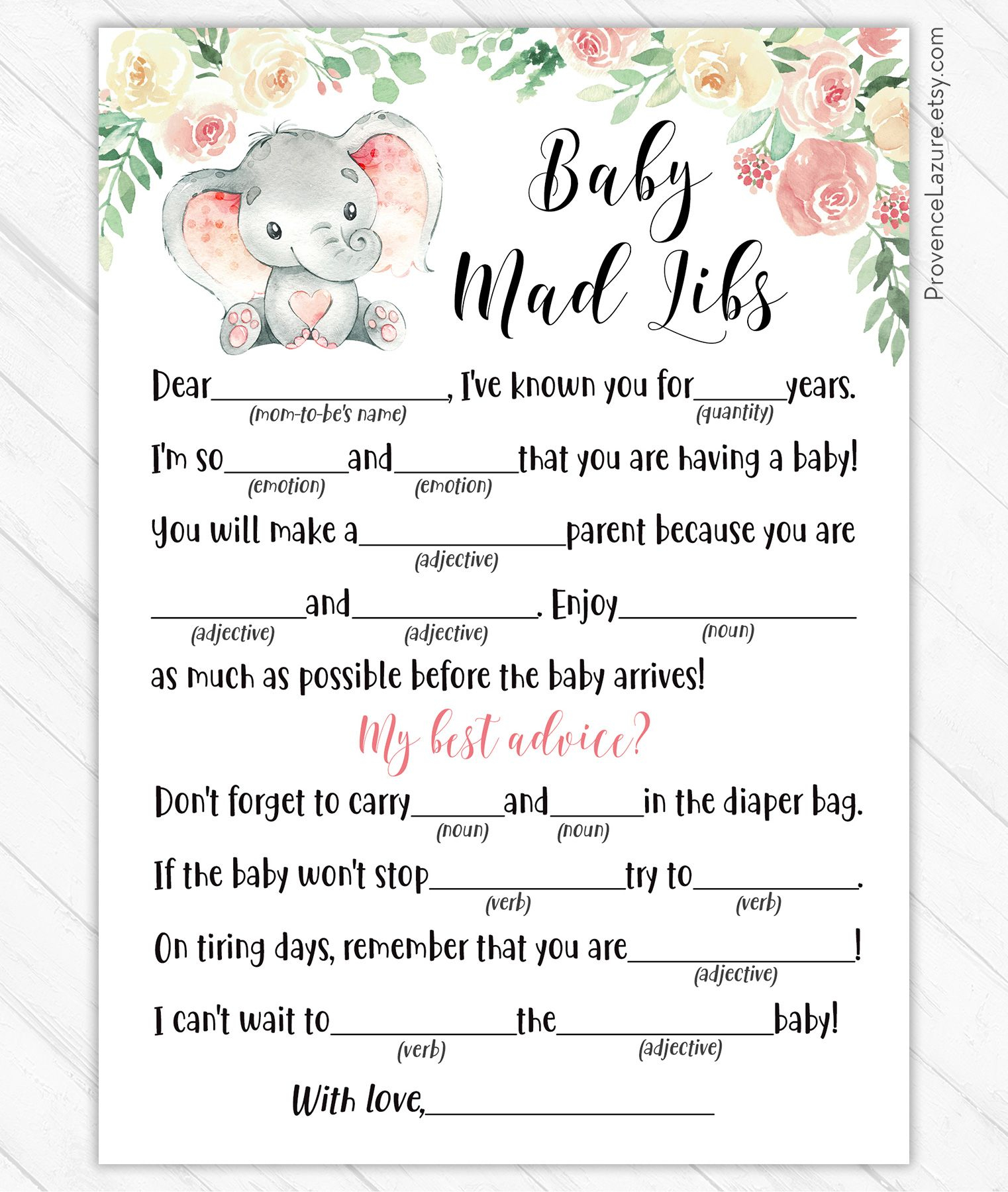 Baby Mad Libs Mommy Advice Card Pink Elephant Baby Shower Etsy