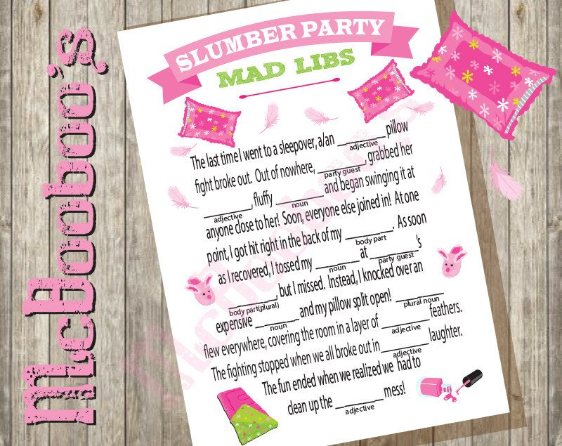 INSTANT DOWNLOAD Sleepover Slumber Birthday Party Game Mad Lib 5x7