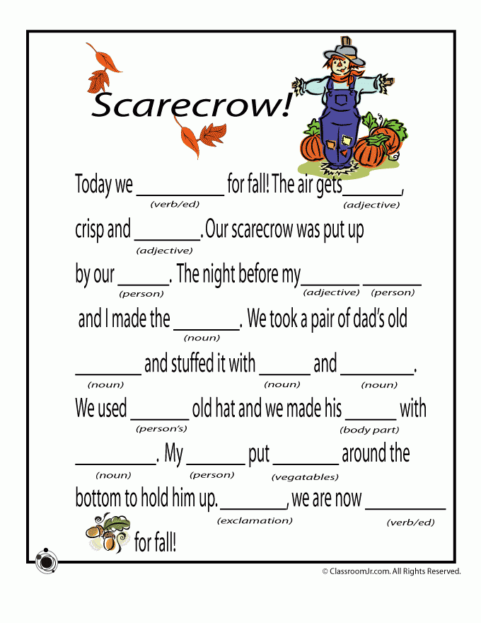 Scarecrow Fall Kids Kids Classroom Mad Libs