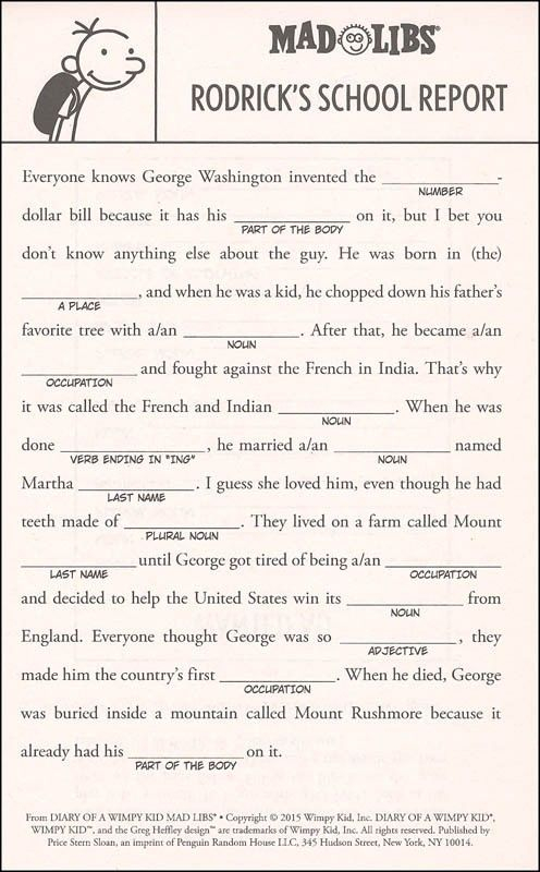 Diary Of A Wimpy Kid Madlib In 2022 Kids Mad Libs Mad Libs