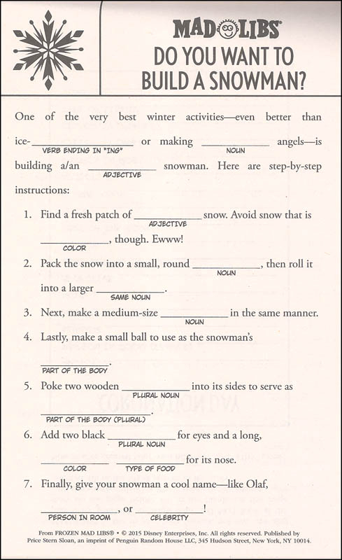 Frozen Mad Libs Printable Printable Mad Libs